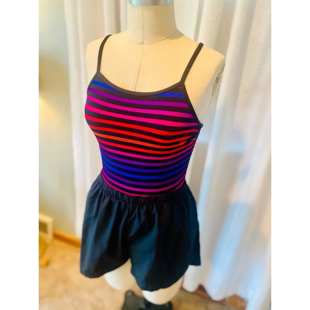 Vintage Le Cove‎ Striped Swimsuit with Built-In Shorts, Size 10